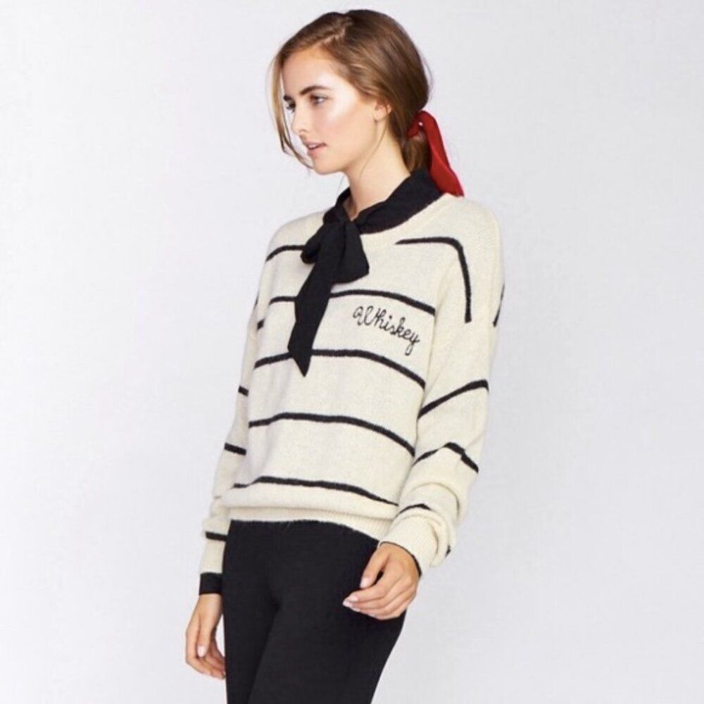 Wildfox Cream Black Stripe Alpaca Soft Knit Oversized Boxy Whiskey Sweater